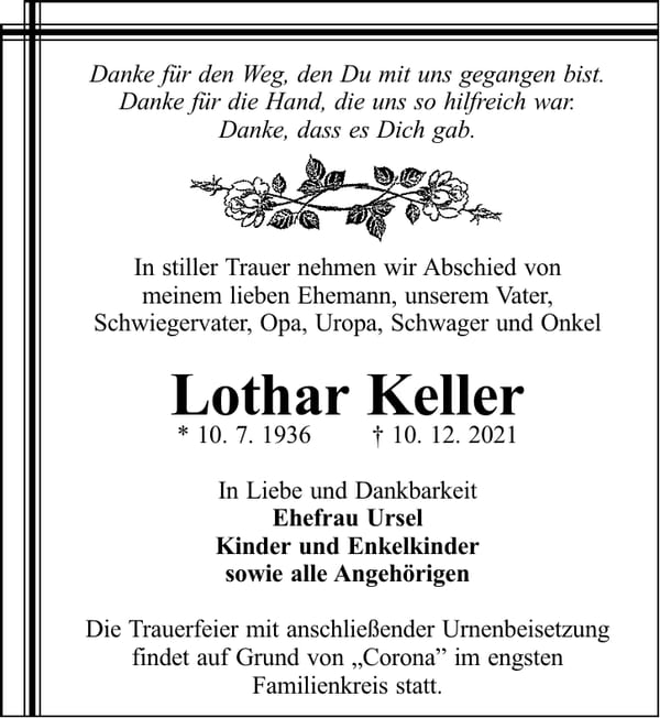 Traueranzeige Lothar Keller