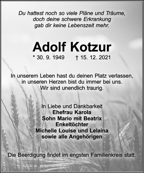 Traueranzeige Adolf Kotzur