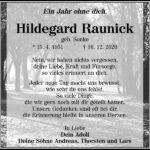Jahresgedenken Hildegard Raunick, geb. Sonke