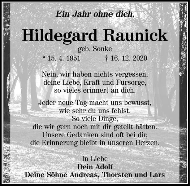 Jahresgedenken Hildegard Raunick, geb. Sonke