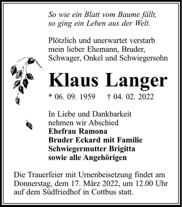 Traueranzeige Klaus Langer