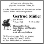 Traueranzeige Gertrud Müller, geb. Schuster