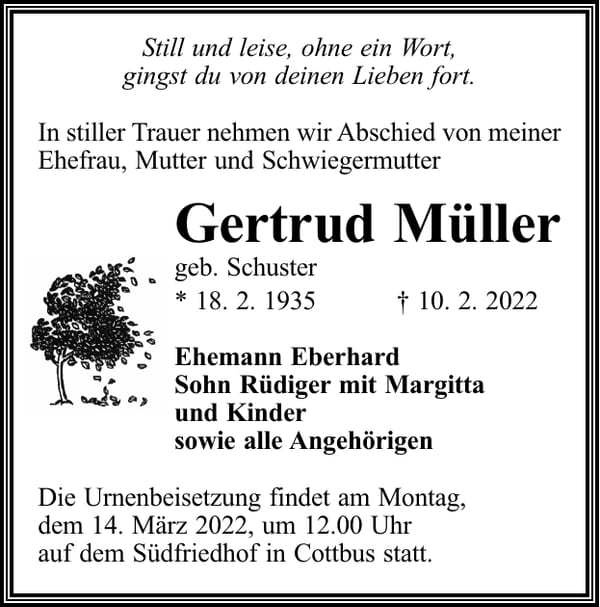 Traueranzeige Gertrud Müller, geb. Schuster