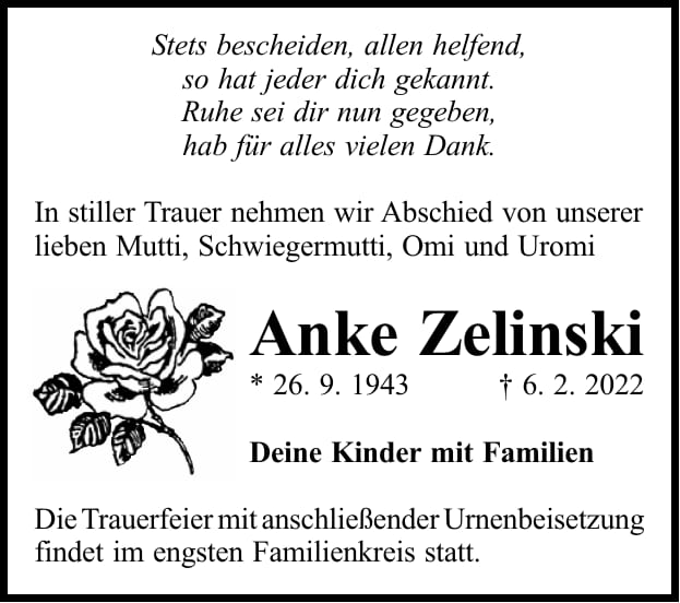 Traueranzeige Anke Zelinski