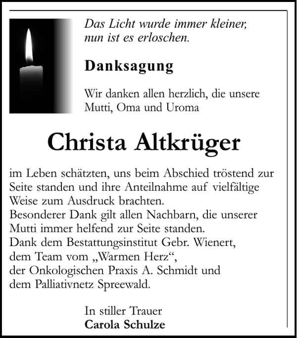 Danksagung Christa Altkrüger