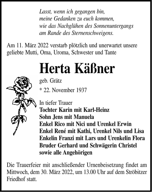 Traueranzeige Herta Käßner, geb. Grätz
