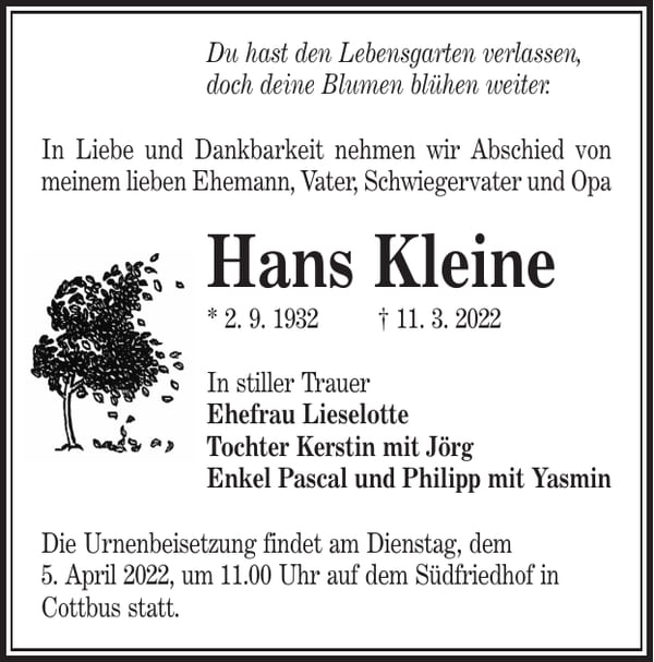 Traueranzeige Hans Kleine