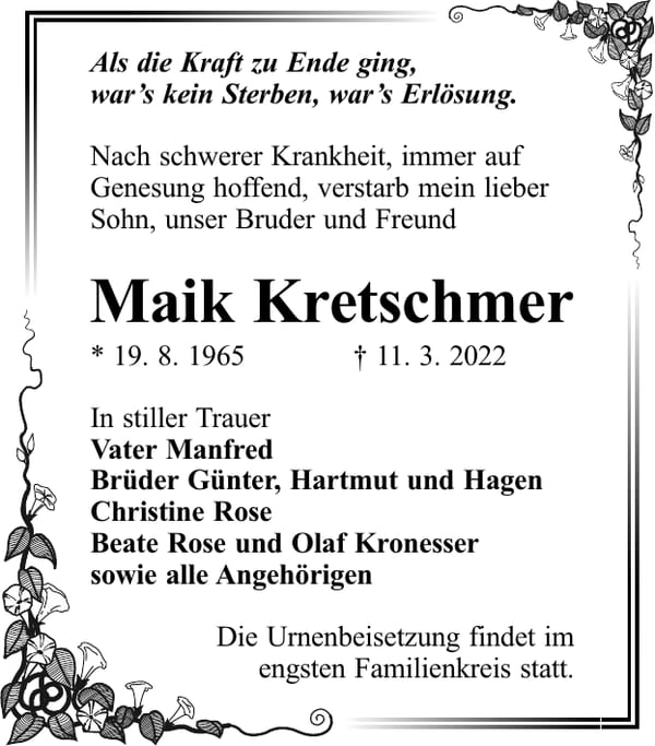 Traueranzeige Maik Kretschmer