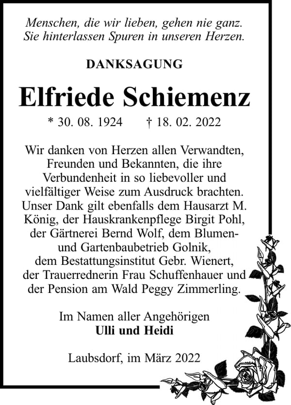 Danksagung Elfriede Schiemenz