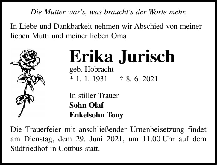 Traueranzeige Erika Jurisch, geb. Hobracht