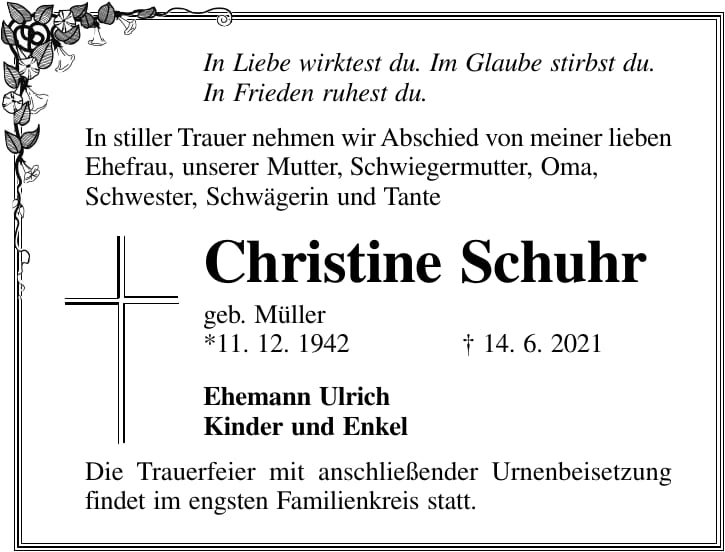 Traueranzeige Christine Schuhr, geb. Müller