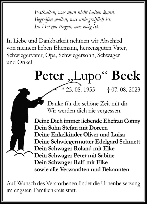 Traueranzeige Peter „Lupo“ Beek