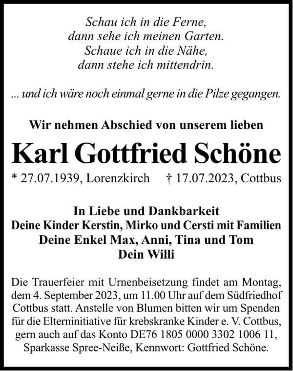 Traueranzeige Karl Gottfried Schöne