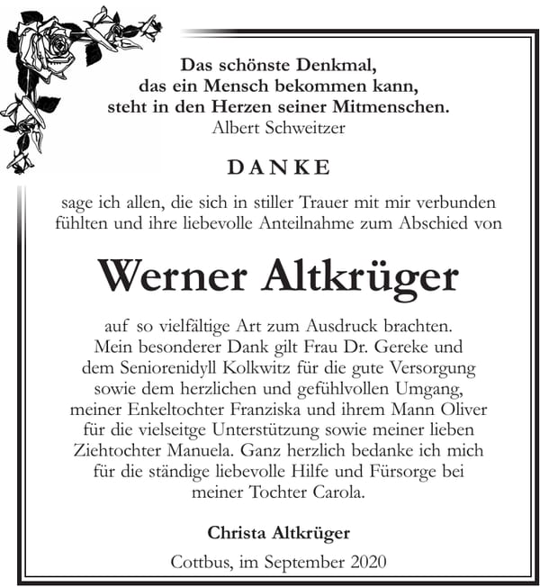 Danksagung Werner Altkrüger