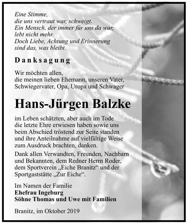 Danksagung Hans-Jürgen Balzke