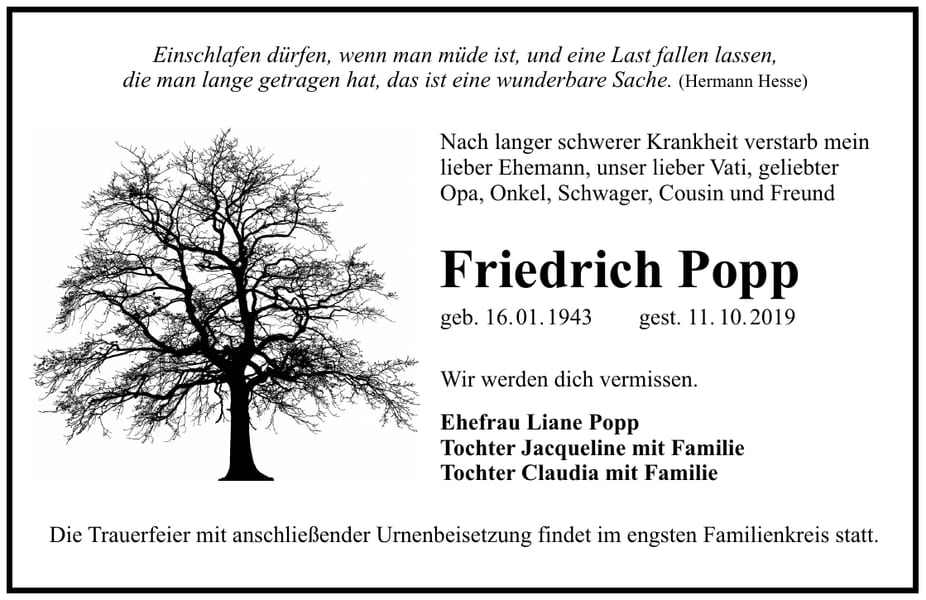 Traueranzeige Friedrich Popp