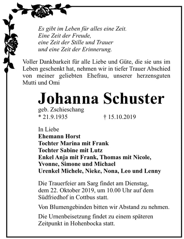 Traueranzeige Johanna Schuster, geb. Zschieschang