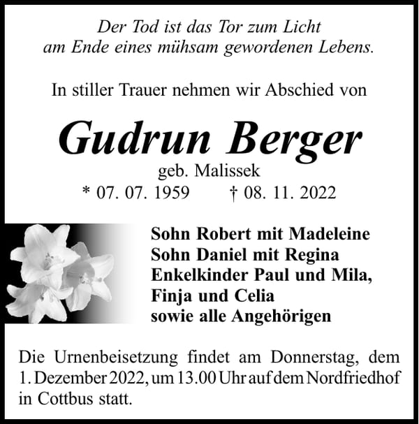 Traueranzeige Gudrun Berger, geb. Malissek