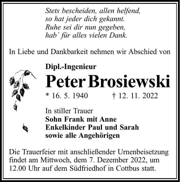 Traueranzeige Peter Brosiewski