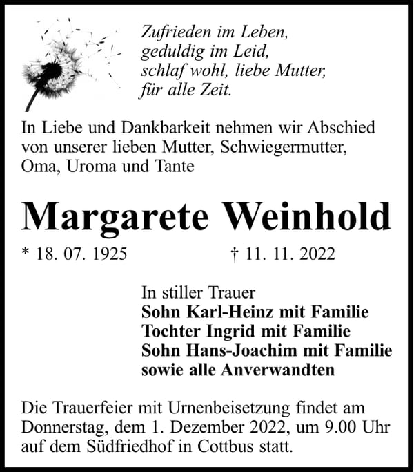 Traueranzeige Margarete Weinhold
