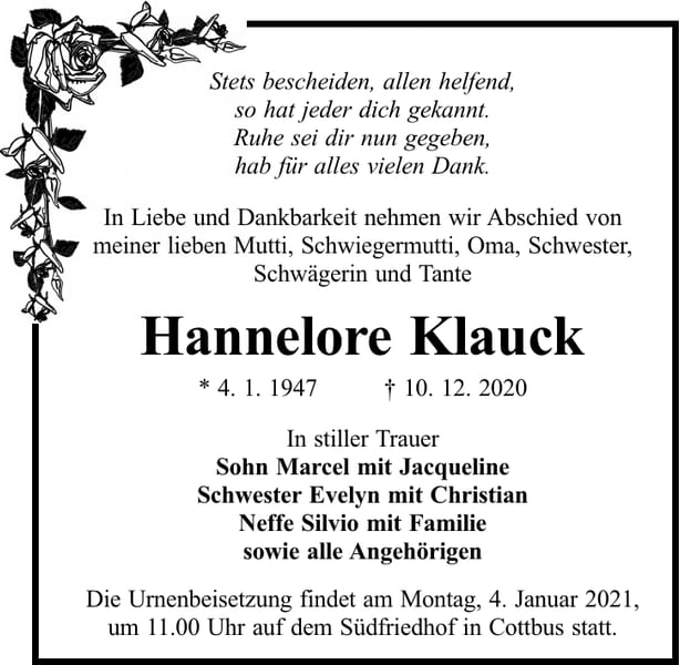 Traueranzeige Hannelore Klauck