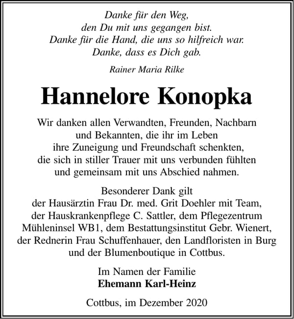Danksagung Hannelore Konopka
