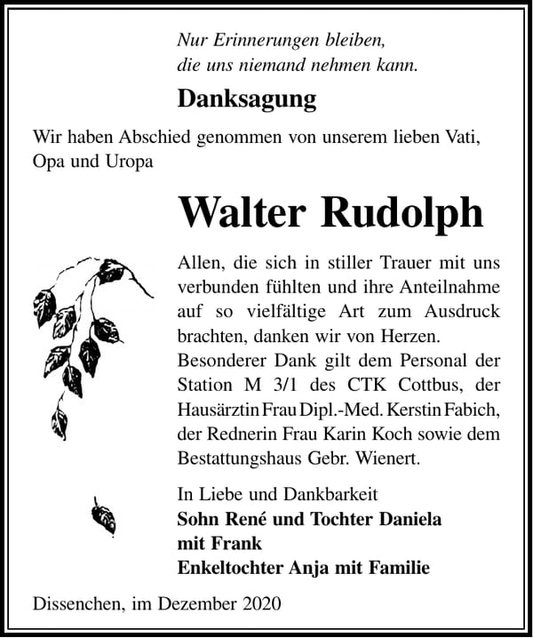 Danksagung Walter Rudolph