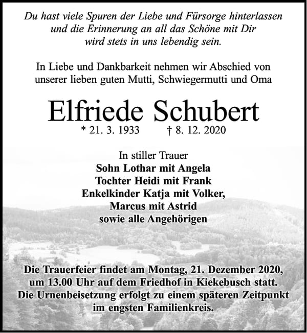 Traueranzeige Elfriede Schubert