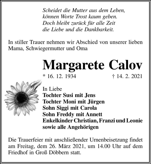 Traueranzeige Margarete Calov