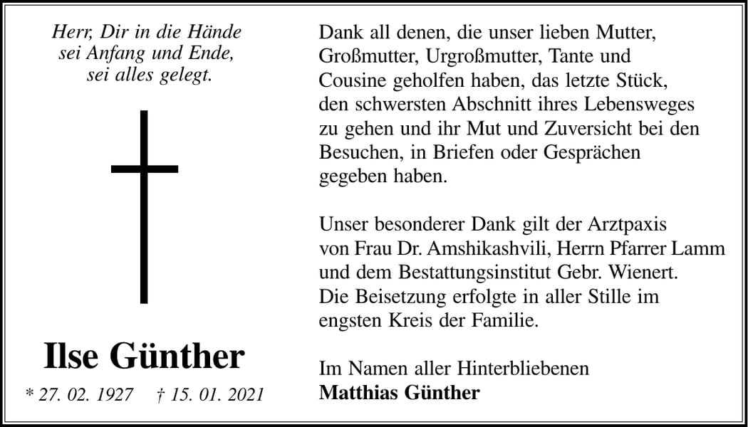 Traueranzeige Ilse Günther
