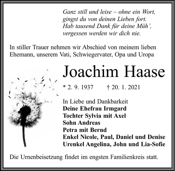 Traueranzeige Joachim Haase