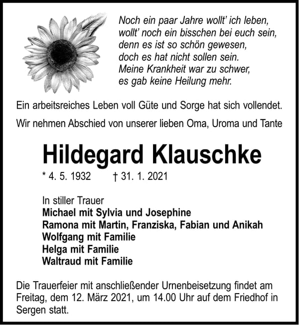 Traueranzeige Hildegard Klauschke
