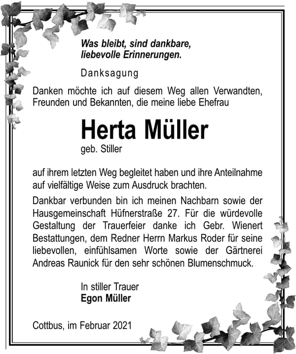 Traueranzeige Herta Müller, geb. Stiller