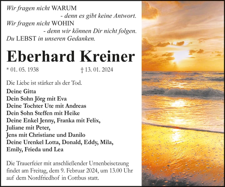 Traueranzeige Eberhard Kreiner