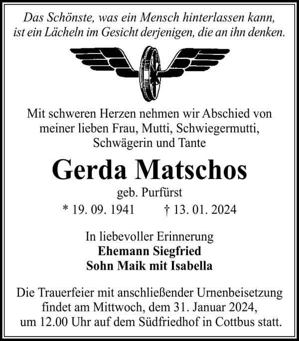 Traueranzeige Gerda Matschos, geb. Purfürst