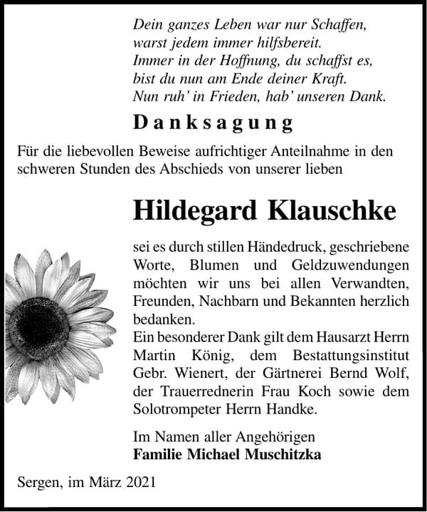 Danksagung Hildegard Klauschke