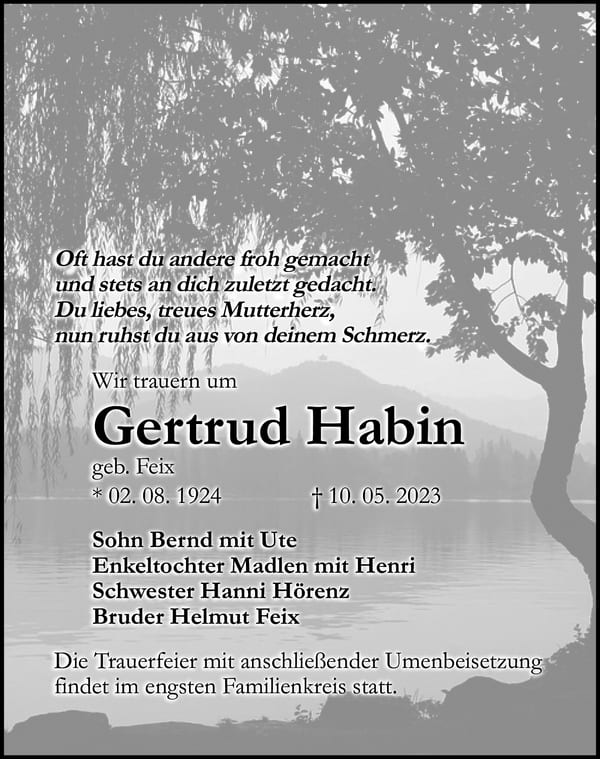 Traueranzeige Gertrud Habin, geb. Feix