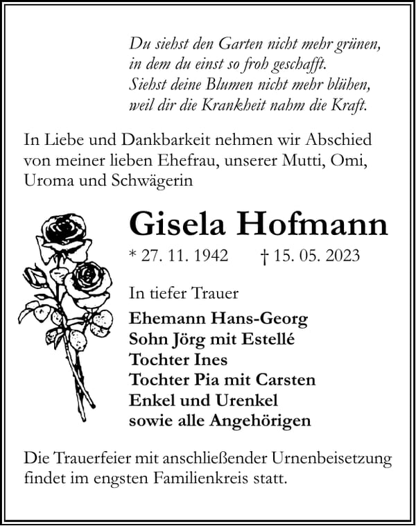 Traueranzeige Gisela Hofmann