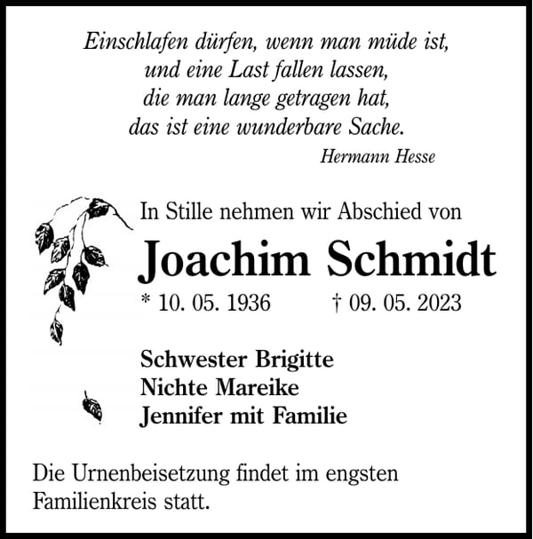 Traueranzeige Joachim Schmidt