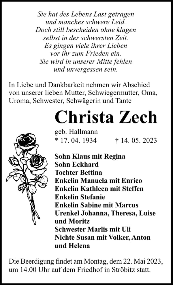 Traueranzeige Christa Zech, geb. Hallmann