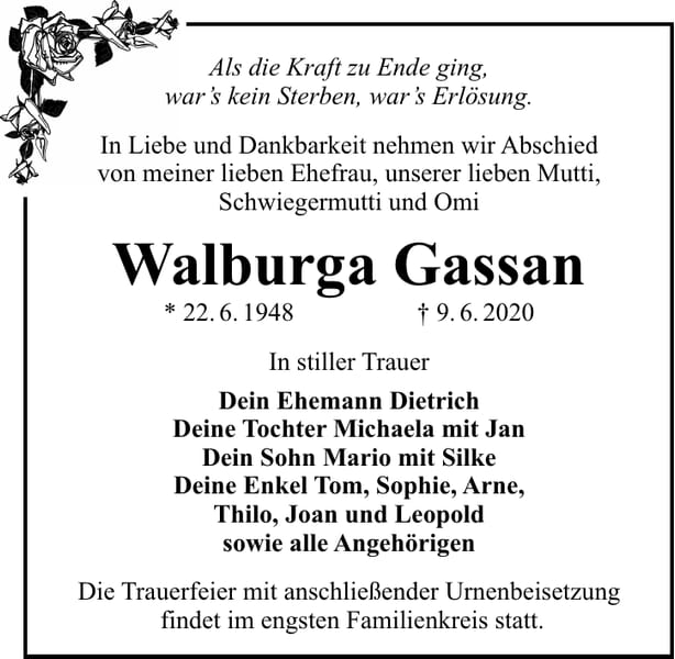 Traueranzeige Walburga Gassan