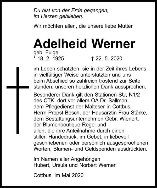 Danksagung Adelheid Werner, geb. Fulge