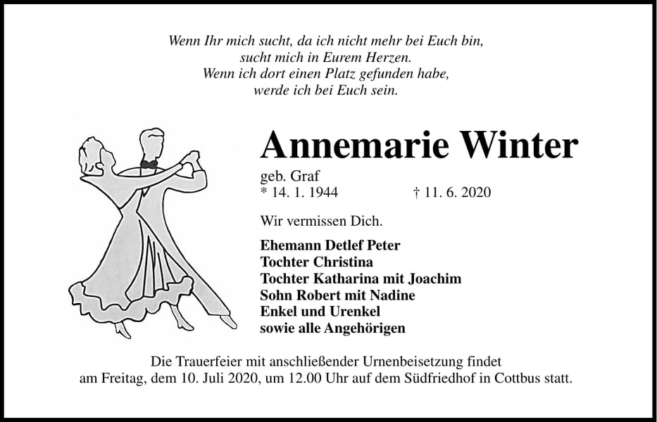 Traueranzeige Annemarie Winter, geb. Graf