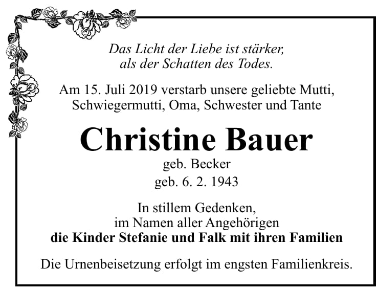 Traueranzeige Christine Bauer, geb. Becker