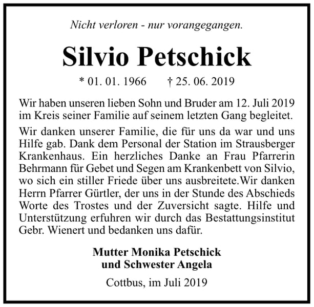 Traueranzeige Silvio Petschick