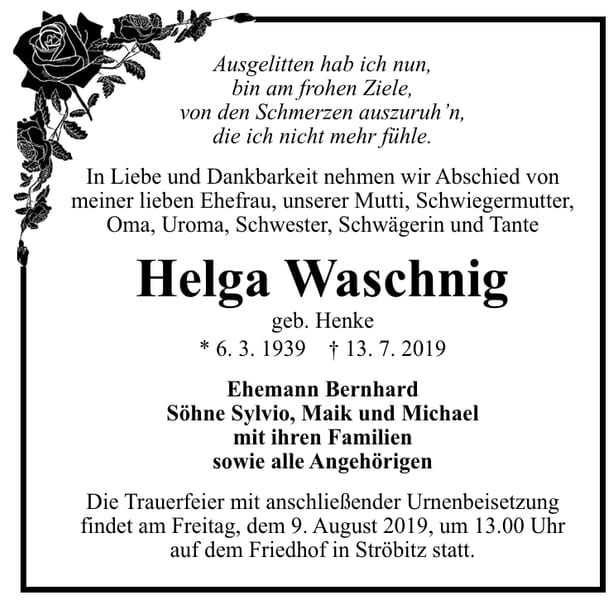 Traueranzeige Helga Waschnig, geb. Henke