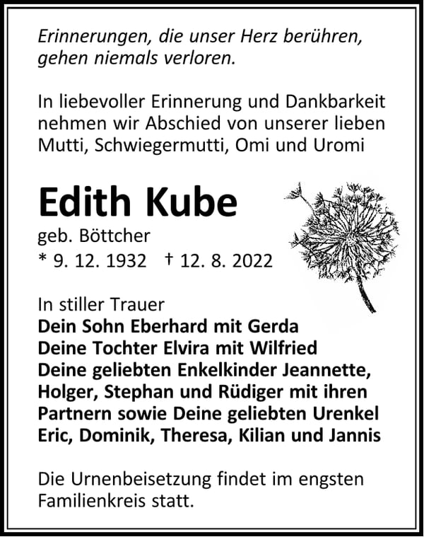 Traueranzeige Edith Kube, geb. Böttcher