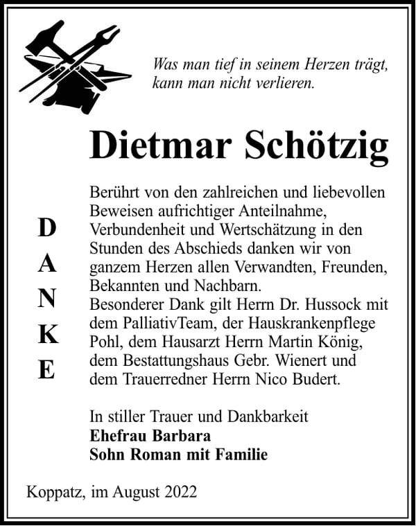 Danksagung Dietmar Schötzig