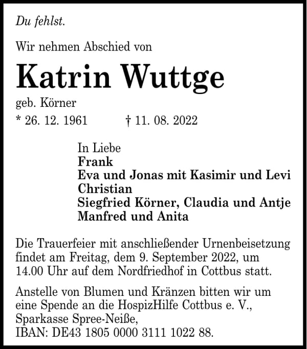 Traueranzeige Katrin Wuttge, geb. Körner