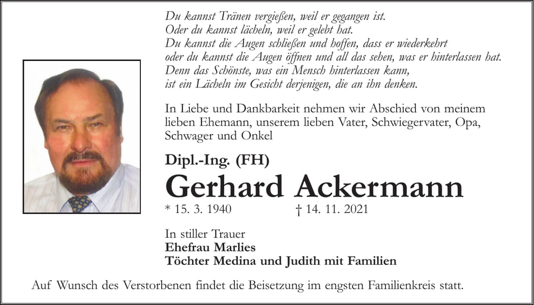 Traueranzeige Gerhard Ackermann